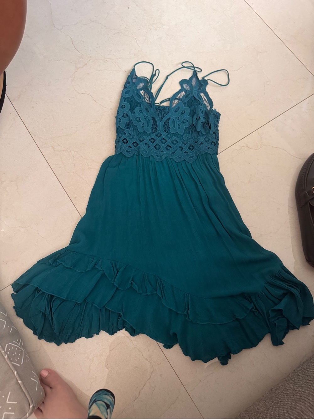 Free People Teal Lace Bodice Ruffle Mini Dress